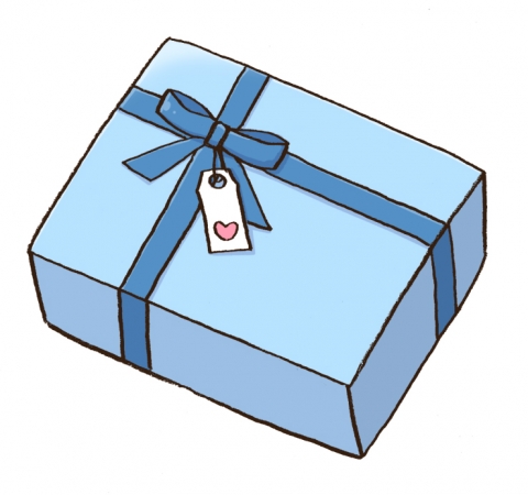 プレゼントの箱にブルーのリボンのイラスト