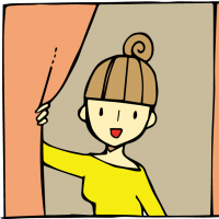カーテンを開けているおだんごヘアの黄色い服の女性のイラスト