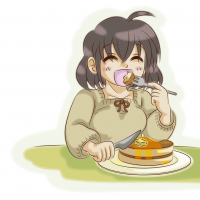パンケーキをフォークとナイフで食べている女性のイラスト