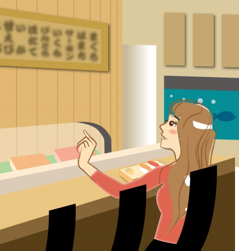 お寿司をカウンターで注文している女性のイラスト