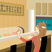 お寿司をカウンターで注文している女性のイラスト