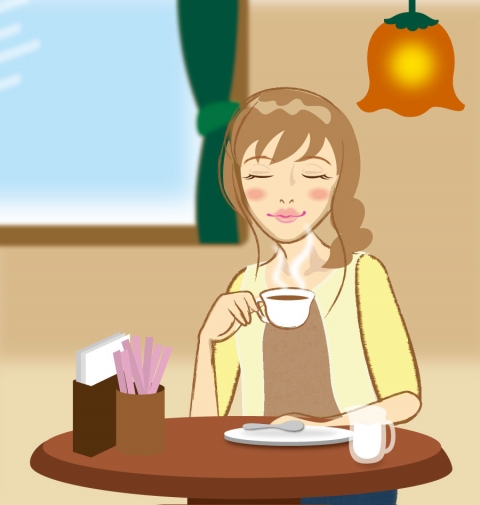 オシャレな喫茶店でコーヒーを飲んでリラックスしている女性のイラスト