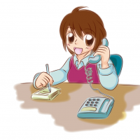 会社のデスクで電話をしている女性のイラスト