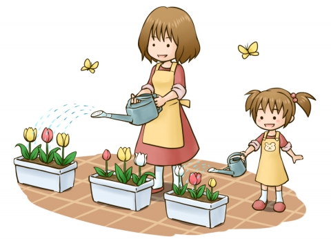 花に水をあげる女性のイラスト