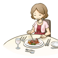 高級フランス料理を食べている赤いワンピースを着た女性のイラスト