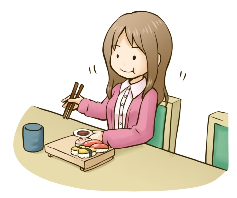 お寿司屋さんで食事している女性のイラスト