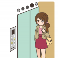 ひとりでエレベーターに乗ってる若い女性のイラスト