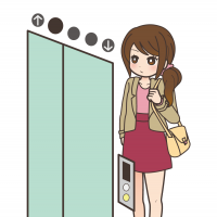 エレベーターを待つミニスカートの女性のイラスト
