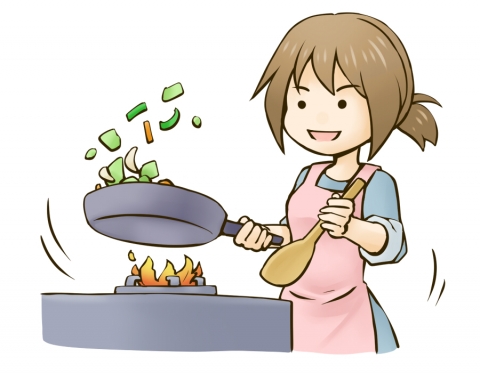 フライパンで炒め物をしている女性のイラスト