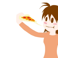 ピザをおいしそうに食べている女性のイラスト