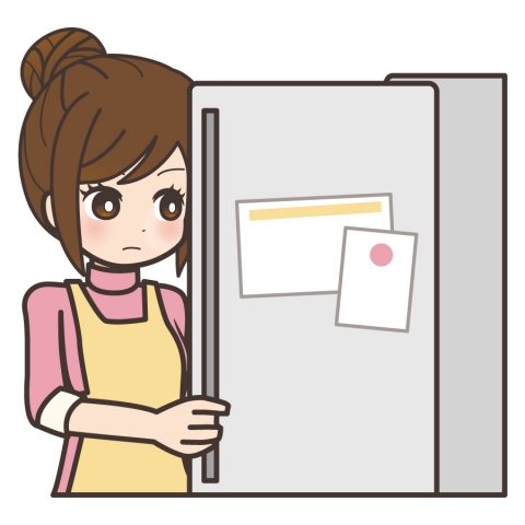 冷蔵庫を開けて何を取っている女性のイラスト