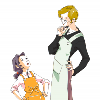 エプロンをしている背の高い女性と背の低い女性のイラスト