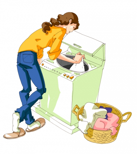 洗濯物を洗濯機に入れている女性のイラスト