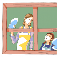 窓を拭いている女性達のイラスト