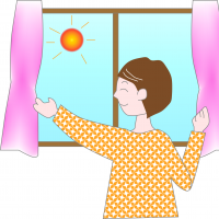 朝起きてパジャマ姿でカーテンを開ける女性のイラスト