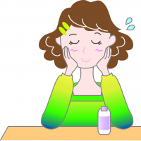 化粧水をつけて机に両肘をのせている女性のイラスト