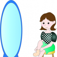 靴下を鏡を見ながら履いている最中の女性のイラスト