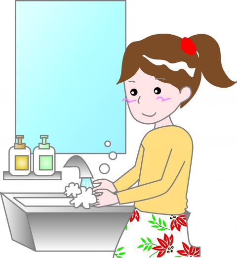 手を洗面台で洗っているときの女性のイラスト