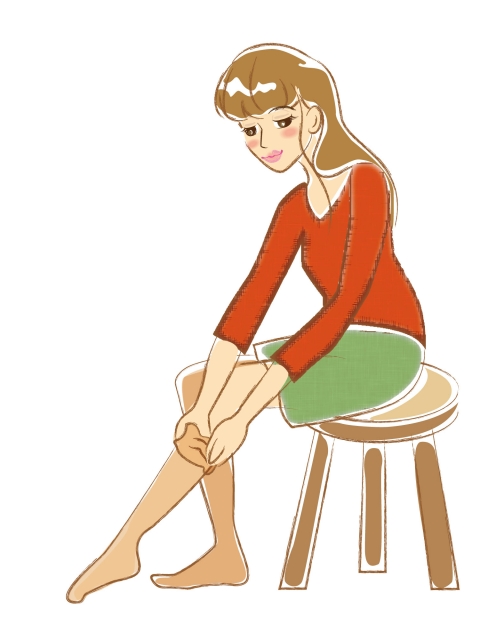 女性が椅子に座ってストッキングを履いている姿のイラスト