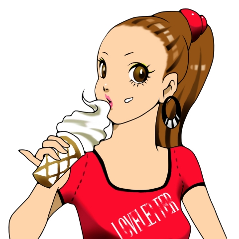 大きなソフトクリームを食べているアメリカ人女性のイラスト