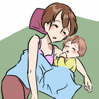 赤ちゃんといっしょに昼寝している女性のイラスト