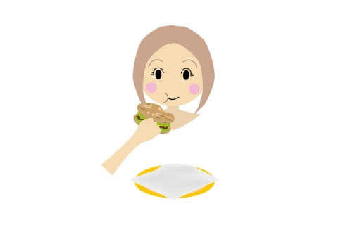 ハンバーガーを食べている途中の女性のイラスト
