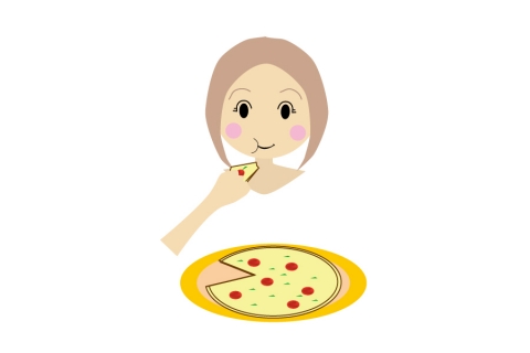 ピザをもくもくと食べている女性のイラスト