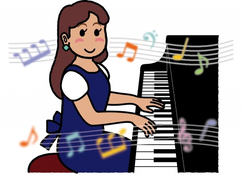 ピアノを弾いている女性の楽しそうなイラスト