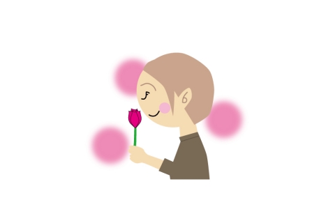 花の匂いを嗅いでいる女性のイラスト