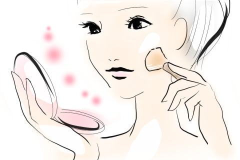 コンパクトを用いてお化粧をする女性のイラスト