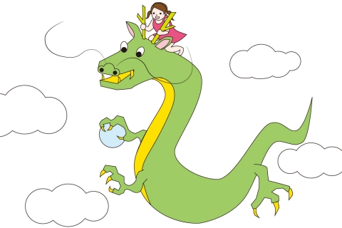 玉を掴んだ龍に乗って空を飛んでいる女性のイラスト