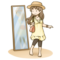鏡で服装を確認する女性のイラスト