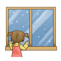 雪が降るのを窓から見ている子供の後ろ姿のイラスト