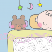 赤ちゃんとクマのぬいぐるみが一緒に寝ているイラスト
