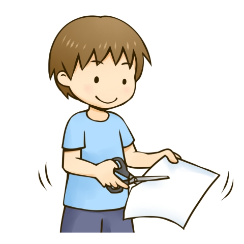 ハサミで紙を切る男の子のイラスト