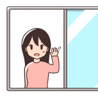 窓から手を振る女性のイラスト
