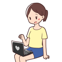ノートパソコンを膝に乗せて使う女性のイラスト
