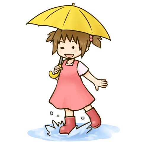 傘をさして水たまりで遊ぶ女の子のイラスト
