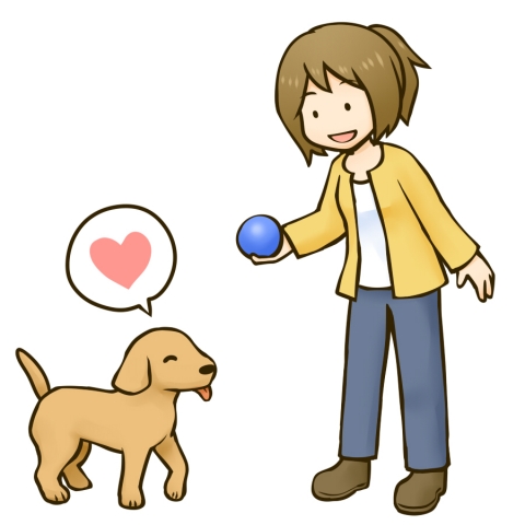 犬とボールで遊ぶ女性のイラスト
