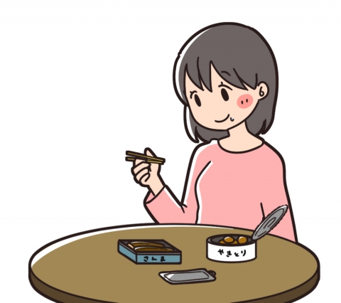 缶詰食品を食べる女性のイラスト