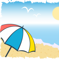 パラソルと太陽、カモメと青空が描いてるビーチのイラスト