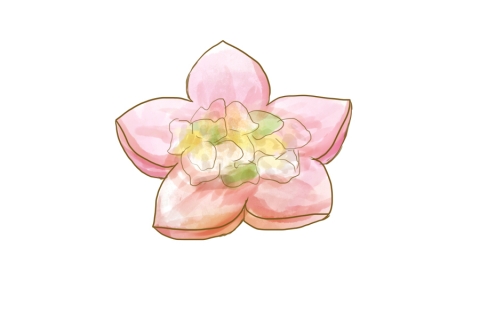 桃の花の形をしたお皿の上の「ひなあられ」のイラスト