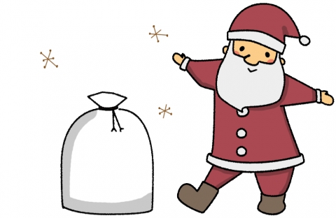 サンタクロースが両手を広げて横にプレゼントの袋があるイラスト