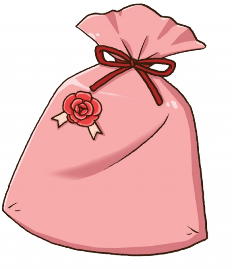 ピンクのプレゼント包みにお花がついているイラスト