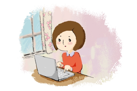 家でパソコンをしている女性のイラスト