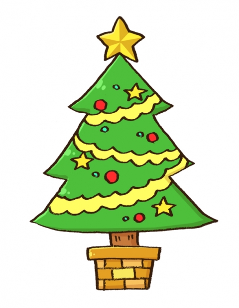 大きな星の飾りがついたクリスマスツリーのイラスト