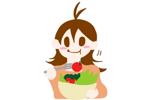 サラダのトマトを食べている女性のイラスト