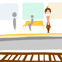駅のフォームで電車を待つ女性のイラスト