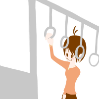 電車に乗り吊革につかまって立っている女性のイラスト