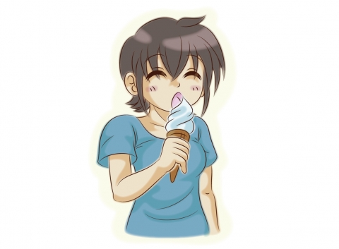 女性がおいしそうな表情でソフトクリームを食べる姿のイラスト